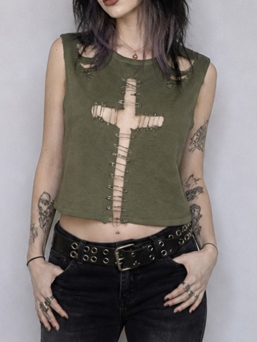 Cursed Kitty HandMade “Sacred Scratch” Olive Green Grunge Safety Pin Crop Top